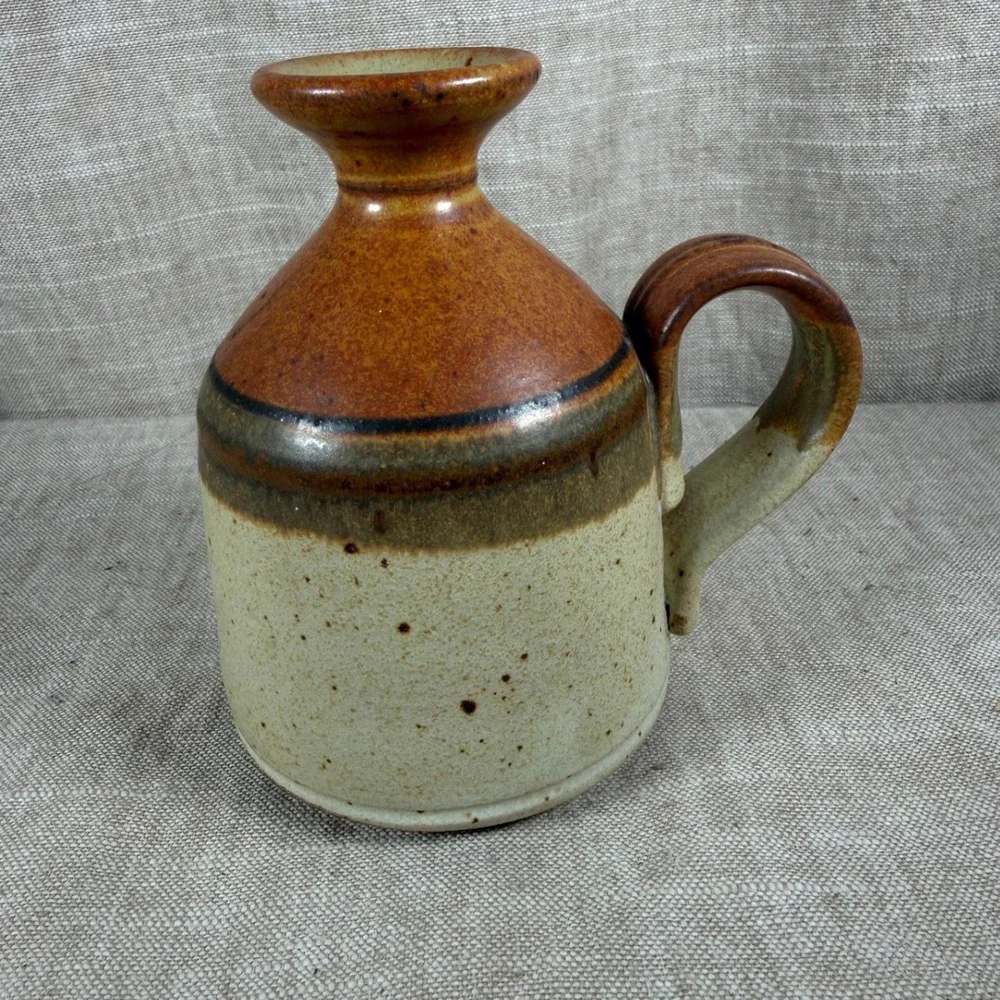 Stearns Pottery Handled Bud Vase Good Vintage Brown Cream Speckled Stoneware Jug